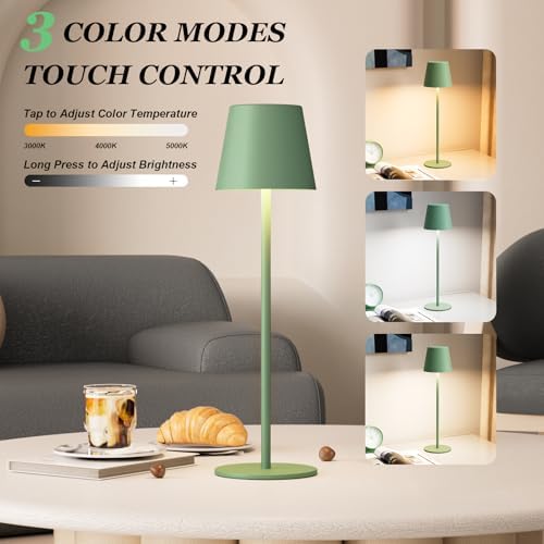 Kakanuo Cordless Table Lamp Rechargeable Green - KK 2 Pack 5000mAH Battery Operated Lamp for Dining Table, 3 Color Stepless Dimming Wireless Lamp for Counter, Outdoor Patio, Touch Control - Image 2