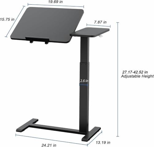 Ywin Medical Overbed Table with Wheels, Lift 27-43in, Black - Image 3