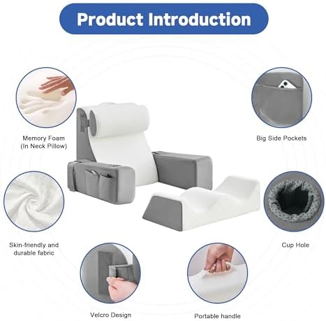 Reading Pillow for Bed, Back Pillow for Bed Sitting Up, Bed Pillows for Sitting Up with Adjustable Armrests, Cup Holder & Large Pocket, Backrest Cushion for Reading, Watching TV (WhiteGrey, 5PCS) - Image 3