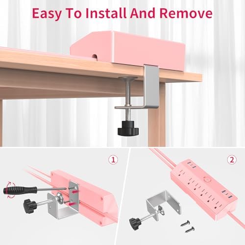 Pink Desk Clamp Power Strip 6FT with 40W USB C Ports, JXGUCAT Flat Plug Desk Mount Power Strip Surge Protector, Removable Extension Cord with 2 USB-C Ports 6 Outlets, Fits 1.8" Tabletop Edge - Image 7
