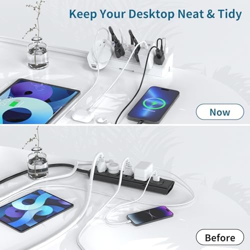 40W Fast Charging Station, Desk Clamp Power Strip 10FT Extension Cord, JXGUCAT Removable Desk Mount Flat Plug Power Strip Surge Protector, 2 USB-C Ports, 6 Outlets, Fits 1.8" Tabletop Edge - Image 5