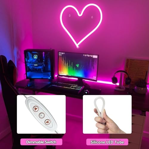 Pink Heart Neon Sign, Neon Heart Light for Wall Decor, Love Hearts LED Light up Sign 13.4×13 Inch Dimmable USB Powered Romantic Light Sign for Bedroom Valentine's Kids Room Wedding Party Decoration - Image 3