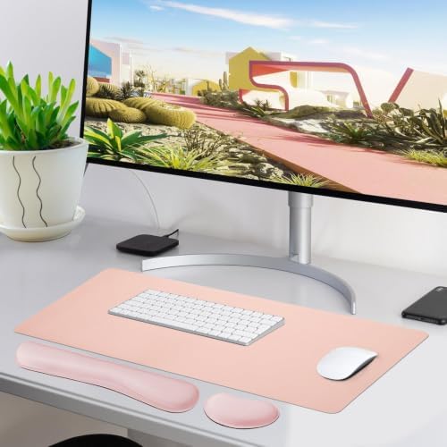 Bloss Pink Desk Mat and Keyboard Wrist Rest, Non-Slip Large Mouse Pad + Keyboard Pad + Mouse Wrist Support, Computer Mat Protector for Office, Home(27.6" x 13.8") - Image 2