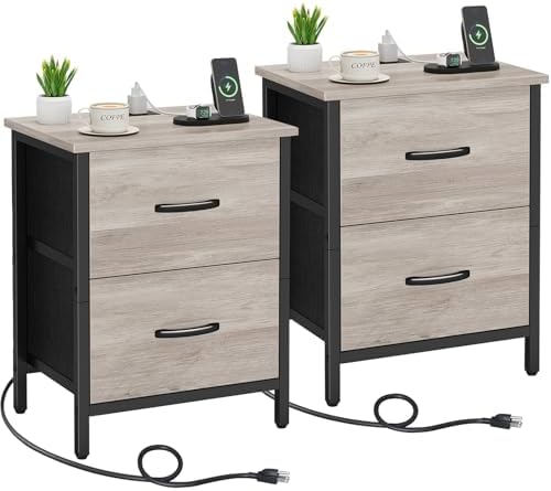 Vagusicc Nightstand Set of 2 with Charging Station, End Table Bedside Table with Power Outlet & USB Ports, Side Table with 2 Fabric Drawers for Bedroom, Living Room, Greige by Vagusicc