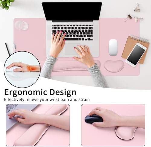 Desk Mat Set， Wrist Rest for Computer Keyboard, 3-in-1 Large Mouse Pad and Keyboard Wrist Rest Set, Non-Slip Desk Mat Protector for Office, Home(27.5×13.8 Inches, Pink) - Image 3
