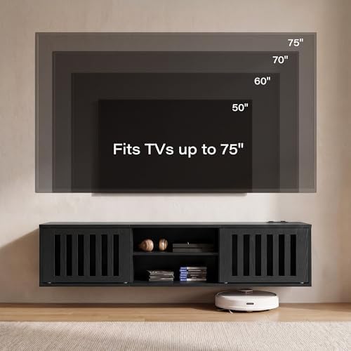 59" Floating TV Stand Wall Mounted with Power Outlet, Black - Image 3