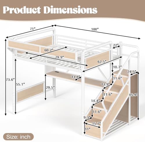 KEIKI Queen Size Metal Loft Bed Frame with Storage Staircase, Desk, White - Image 2