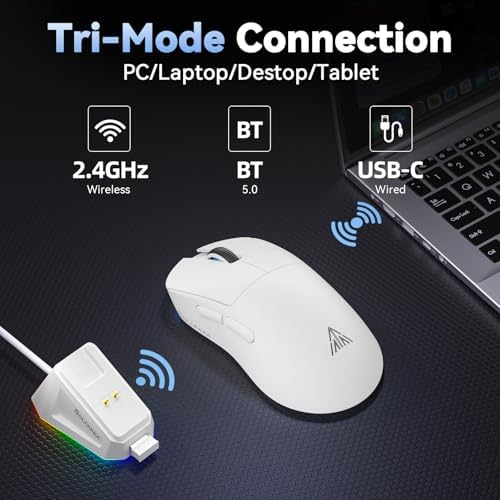 SOLAKAKA SM822 Wireless Gaming Mouse with Charging Dock, Tri-Mode Wireless Mouse, PAW3311 Optical Sensor, Up to 24,000DPI, 62g Lightweight Mouse with 5 programmable Buttons, for PC, Laptop (White) - Image 3