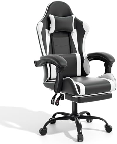 Magshion Video Gaming Computer Chair with Footrest, White | Ergonomic, Lumbar Support, Adjustable Height, Racing Style, High Back Recliner, Comfy Leather, Swivel Seat, for Home Office by Magshion