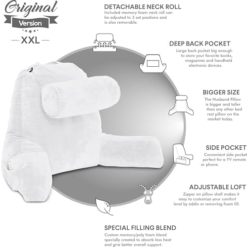 Husband Pillow XXL The Original for Adults - 30" Tall Backrest for Sitting Up in Bed - Firm Support Reading & Bed Rest Pillows for Adults, Neck Roll, Removable Cover - TV - White - Image 5