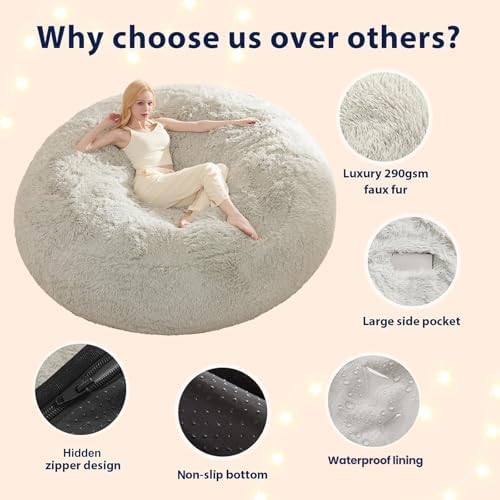 Large Bean Bag Chair Cover, Plush Bean Bags Chairs Cover Only Without Filler Included, Beanbag Chairs for Adults, Teens, Kids, 7FT, Light Grey - Image 4