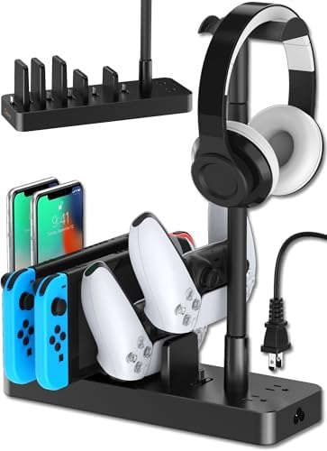 Drevet Charging Station for Multiple Devices, 6 Port USB C Fast Charger Station with 2 AC Outlets and Headset Stand, USB Charging Dock Compatible with Cellphone, Tablet, Kindle, iPhone, iPad and More by Drevet