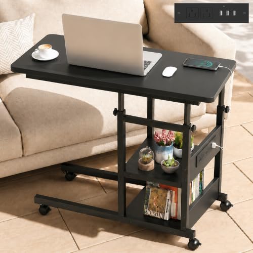 Rolling C Shaped End Table with Charging Station for Couch, Height Adjust by Armocity