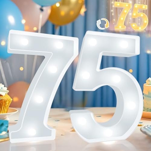 Pooqla 75th Birthday Decoration for Woman Man, Decorative LED Light Up Numbers, Marquee Numbers 75 Sign for Party Backdrop 75th Wedding Anniversary Decor, Warm White and Cool White Number 75 by Pooqla