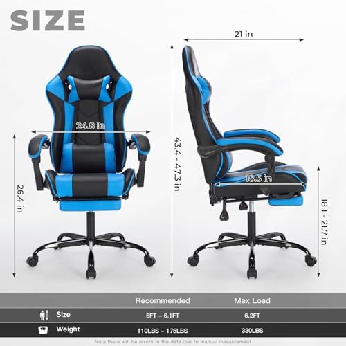 Gaming Desk Chair for Adults, Ergonomic Gaming Chair (Black+Blue) | with Footrest & Headrest and Lumbar Support, Leather Material Height Adjustable computer Video Game Chairs - Image 3