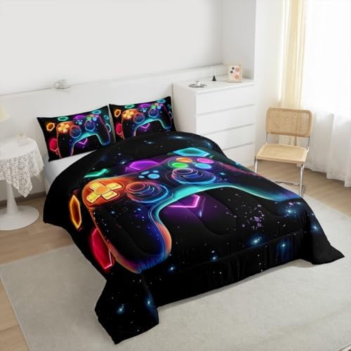 Erosebridal Game Consoles Bedding Set Queen Gamer Gifts, Gaming Comforter Sets Space Glow Geometric Kids Comforter Sets Boys Red Green Blue Teal, Gamer Room Decor for Boys' Rooms - Image 6