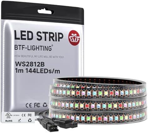 BTF-LIGHTING WS2812B IC RGB LED Strip,UL Listed,Pure Gold Wires,DC5V 3.28FT 144LED 5050SMD,Individually Addressable,Flexible for DIY Chasing Full Color Project,IP67(No Adapter or Controller) by BTF-LIGHTING