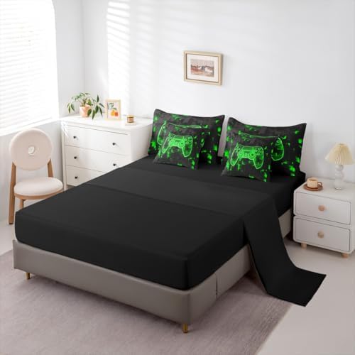 Erosebridal Full Gamer Bedding Set 7 Piece for Boys | Player Gaming Comforter Sets Game Controller Sheet Set Ombre Geometric Square Bed in A Bag for Kids Teens Men, Green Black - Image 4