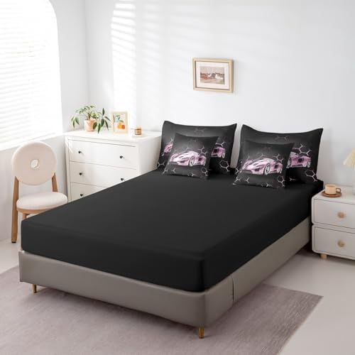 Feelyou Race Car Queen Comforter Set with Sheets for Kids Boys Girls Honeycomb Speed Sports Car Bed in a Bag Pink Extreme Sports Bedding Set 7 Piece Bedroom Decor Hexagon Theme Bed Set - Image 5