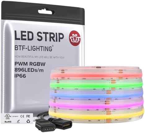 BTF-LIGHTING FCOB COB LED Strip Light IP66,UL Listed RGBW 3000K 896LED/m High Density LED Strip,16.4FT DC24V 12mm Width Color Changing Light for Bedroom Home Indoor DIY Decor(No Adapter or Controller) by BTF-LIGHTING