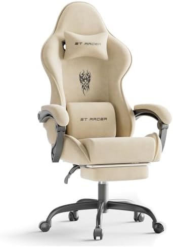 Ferghana Velvet Fabric Gaming Chair, High Back Ergonomic Gamer Chair for Adult, Comfortable Video Game Chair with Footrest and Massage Lumbar Cushion, Racing Reclining Office Computer Desk Chair Beige by FerghanaGamingChair