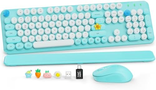 Wireless Keyboard and Mouse Combo, Full-Size Retro Typewriter Keyboard with Round Keycaps, Magnetic Wrist Rest, Tilt Legs, 2.4GHz Cordless for Mac, Windows PC, Laptop, SABLUTE CK23, Robin Egg Blue by SABLUTE