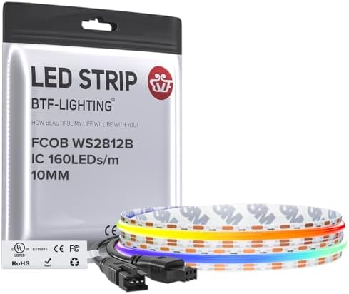 BTF-LIGHTING FCOB COB WS2812B IC RGB LED Strip DC5V 3.2FT 160LED 10mm IP30 by BTF-LIGHTING
