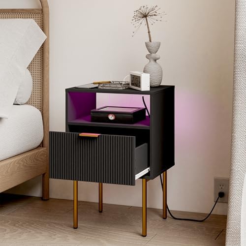 Modern Nightstand with Charging Station and LED Lights, Black Nightstand with Drawer, Fluted Nightstand for Living Room, Bedroom - Image 7