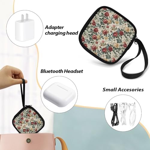 Starfish Square Earbud Case Floral Portable Carrying Case Storage Bag for Women Cell Phone Accessories Organizer with Handle for Earphone, Earbud, Earpieces - Image 6