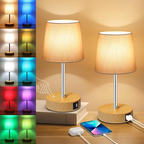Ascher Small Bedside Table lamp Set of 2, RGB Color Changing Lamps, 3 Color Temperatures, Stepless Dimmable, Nightstand Lamp with USB C+A Ports for Bedroom Living Room, (Grey Shade, Wood Grain Base) by Ascher