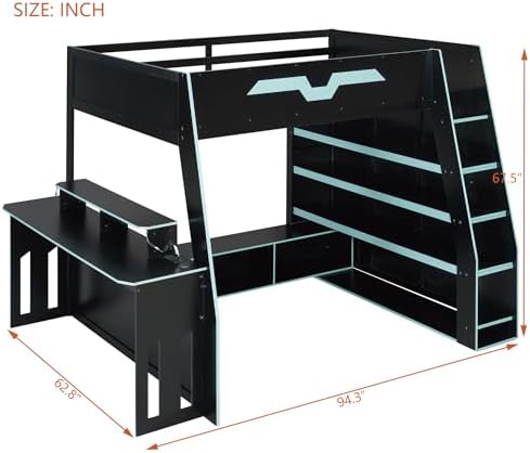 Merax Full Size Gaming Loft Bed with Desk and Multi-Storage Shelves, Space-Saving Wood Loft Bed Frame with Full-Length Guardrail for Teens Bedroom, Built-in Light Strip & Charging Station, Cloud Blue - Image 2