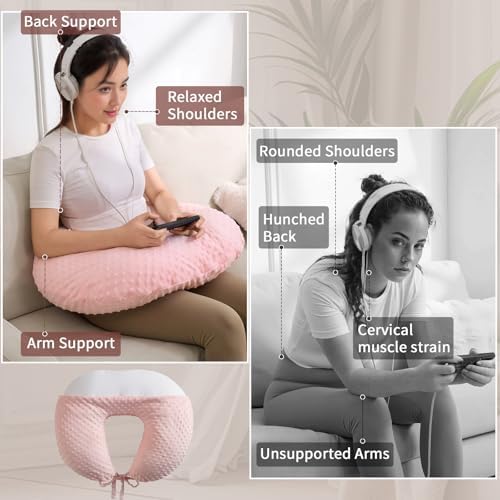 Reading Pillow for Gaming Reading Crochet, U Shaped Arm Support Pillow with Removable Cover Reducing Arching Neck for Adult Reading and Working Sitting on Bed Sofa for Arm Rest (Pink) - Image 2