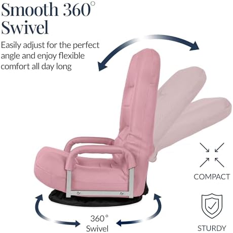 Best Choice Products Swivel Gaming Chair 360 Degree Multipurpose Floor Chair Rocker for TV, Reading, Playing Video Games w/Lumbar Support, Armrest Handles, Adjustable Foldable Backrest - Pink - Image 6