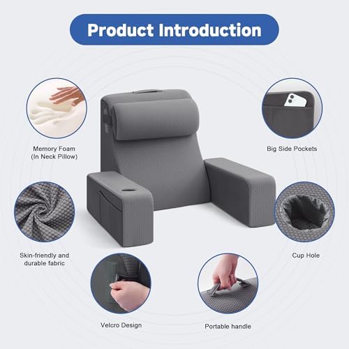 Reading Pillow for Bed, Back Pillow for Bed Sitting Up, Bed Pillows for Sitting Up with Adjustable Armrests, Cup Holder & Large Pocket, Backrest Cushion for Reading, Watching TV (Dark Grey, 4PCS) - Image 3