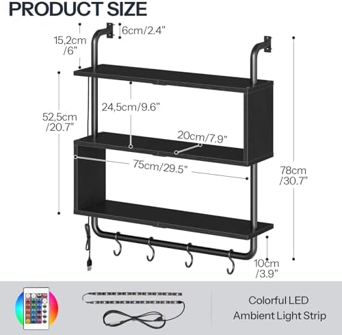 HOOBRO Floating Shelves with LED Lights, 29.5" LED Wall Mounted Gaming Shelf, 3-Tier Pipe Display Rack with Hanging Rod and 4 S-Hooks, for Storage Livingroom, Bedroom, Kitchen, Black BB21DBJ01 - Image 3