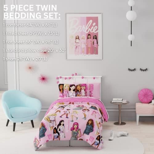 Franco Barbie Barbiecore Bedding Super Soft Comforter and Sheet Set with Sham, 5 Piece Twin Size, College Dorm Essentials (Official Licensed Product) - Image 3