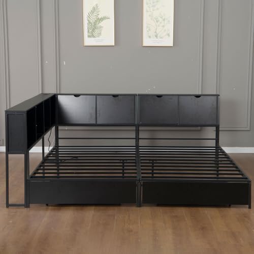 Black Corner Bed with Drawers, Bookcase, Light & Charging Station,Twin/Twin - Image 6