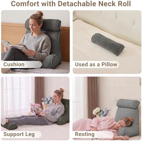 Reading Pillow for Bed with Detachable Neck Roll and Shredded Memory Foam, Back Pillow with Arms for Sitting Up, Washable Bed Rest Pillow with Side Pocket for Gaming, Sofa, Dorm - Light Gray - Image 7