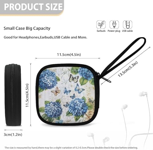 Wireless Headphone Case for Women, Flowers Portable Earphone Storage Bag Carrying Case, Earbud Holder with Handle Hydrangeas and Butterflies Print - Image 5