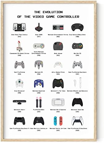 HAUS AND HUES Retro Video Game Posters for Walls Gamer Poster, Decor Boys Room, Wall Art Room Evolution of Controllers (Framed Beige 24x36), 24x36 Framed by HausandHuesArtPrints