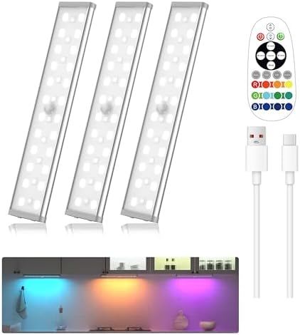 Under Cabinet Lighting Wireless,58 LED Motion Sensor Light Indoor Night Lights with Remote,Rechargeable RGB Under Cabinet Lights Bar,Dimmable Under Counter Lighting for Kitchen,Shelf(3Pack) by Unknown