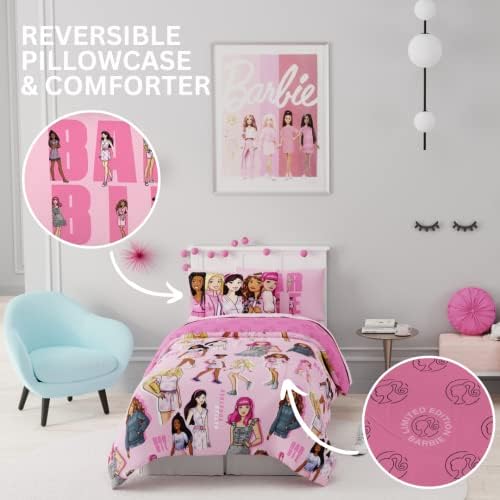 Franco Barbie Barbiecore Bedding Super Soft Comforter and Sheet Set with Sham, 5 Piece Twin Size, College Dorm Essentials (Official Licensed Product) - Image 4