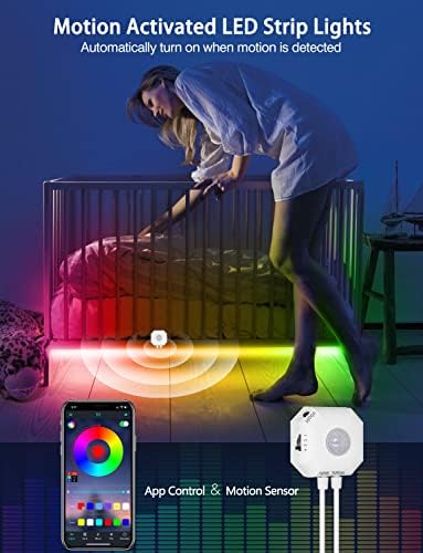 Daymeet Motion Sensor LED Strip Lights, 16.4ft RGB Motion Activated Under Bed Lights with Automatic Shut Off Timer App Control Cabinet Night Light Closet Lights for Hallway, Kitchen,Bedroom - Image 2