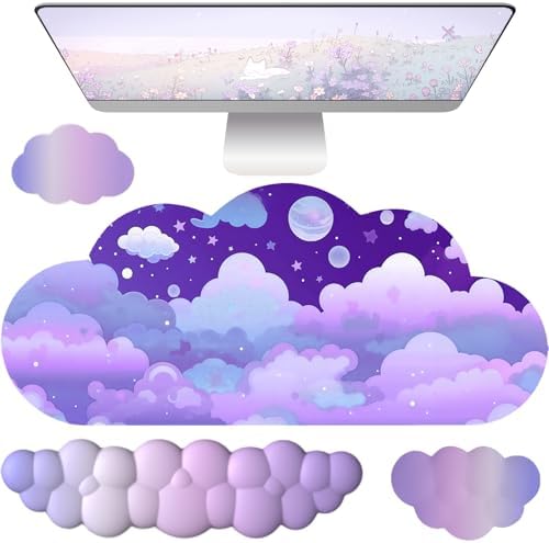 Cloud Mouse Pad Keyboard Wrist Rest for Mouse 4PCS Extended Large Stars Galaxy Space Desk Mat Pad Set Memory Foam Non-Slip Cute Ergonomic Game Mouse Wrist Support for Computer Home Office Purple Sky by Unknown