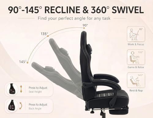 Office Desk Computer Gaming Chair for Adults, Ergonomic High Back Gamer Chair with Massage and Pocket Spring Cushion, Swivel Comfy Video Game Chairs with Footrest and Lumbar Support (Pro Black) - Image 4
