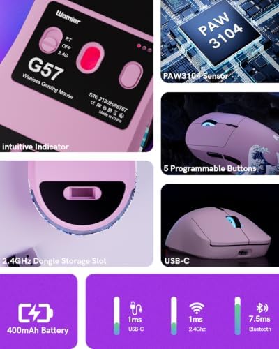 G57 Wireless Gaming Mouse, 8000 DPI, Pink - Image 3