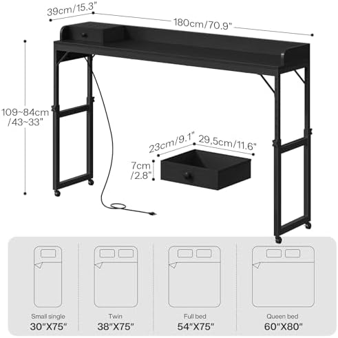 HOOBRO Overbed Table with Wheels, Rolling Table with Outlets & Light Strip for Queen Bed, Mobile Bed Desk & Drawer and Adjustable Height, Giant Computer Desk for Living Room, Black BB180UDDN01 - Image 2