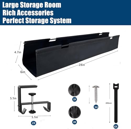 No Drill Under Desk Cable Management Tray, 28" Fabric Cord Hider for Wire Organizer, Clamp/Screw Mount Desk Cable Management, Cable Raceways Tray Cord Hiders for Office/Home - Image 4