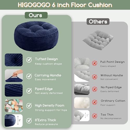 HIGOGOGO 8" Extra Thick Floor Pillow Cushion for Adults, Meditation Cushion Pillow, Large Round Floor Sitting, Tufted Corduroy Cover, for Tatami Living Room or Yoga, 22x22 Inch, Navy - Image 4