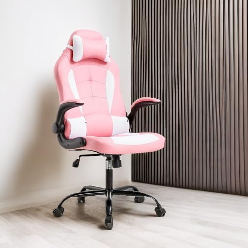 BestOffice Gaming Chair Office Chair Desk Chair with Lumbar Support Flip Up Arms Headrest Swivel Rolling Adjustable PU Leather Racing Computer Chair for Girls,Pink - Image 6